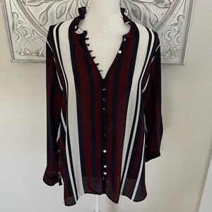 Express Slim Portofino Striped Ruffle Collar Blouse - Black, White, Red, XL